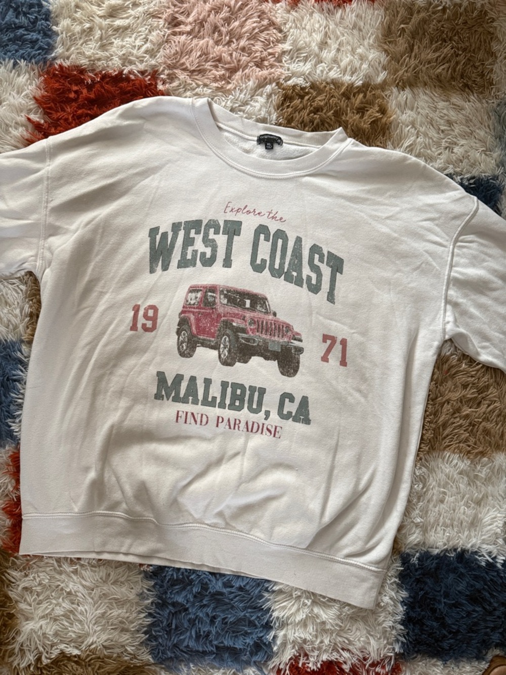 Dry Goods White West Coast Malibu Graphic Sweatshirt with Red Jeep